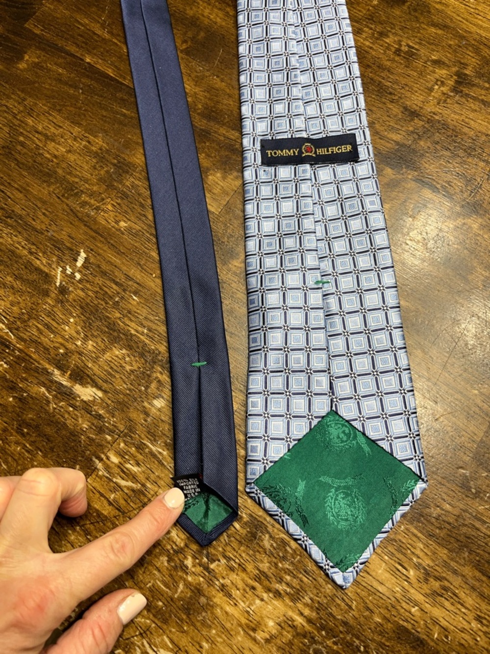 Tommy Hilfiger Navy & Light Blue Geometric Silk Tie with Green Tip
